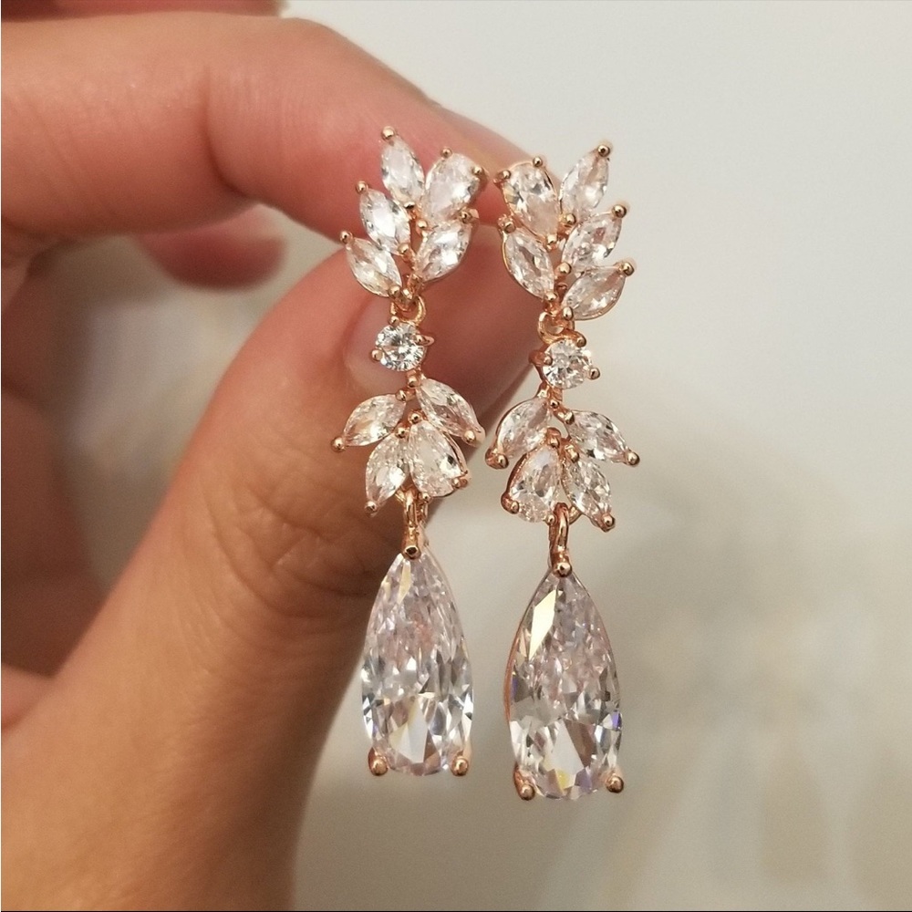 Marquise Swarovski Crystal Wedding Earrings Long Chandelier CZ Leaf Dangle